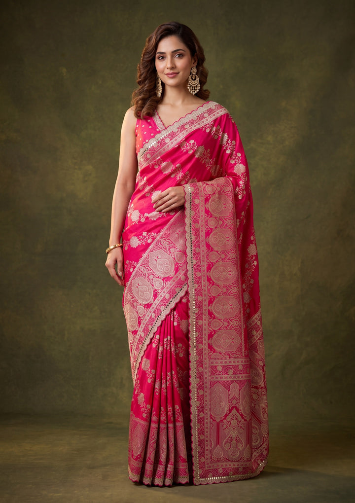 Rani Pink Art Silk Jaal Gold Stonework Saree With Matching Blouse Piece
