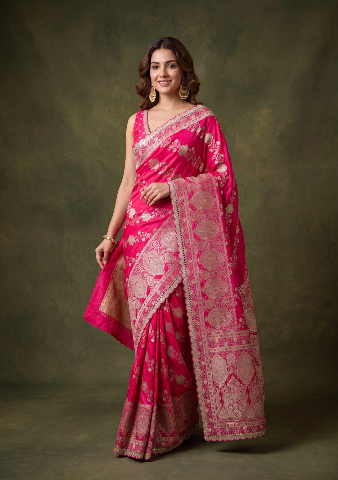 Rani Pink Art Silk Jaal Gold Stonework Saree With Matching Blouse Piece