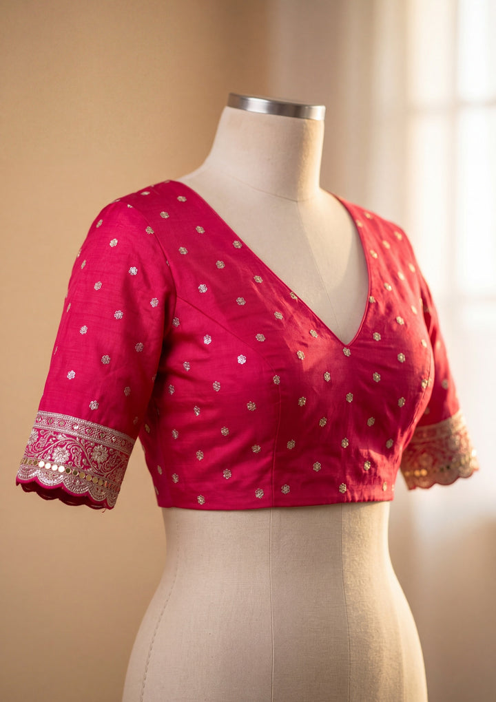 Rani Pink Art Silk Jaal Gold Stonework Saree With Matching Blouse Piece