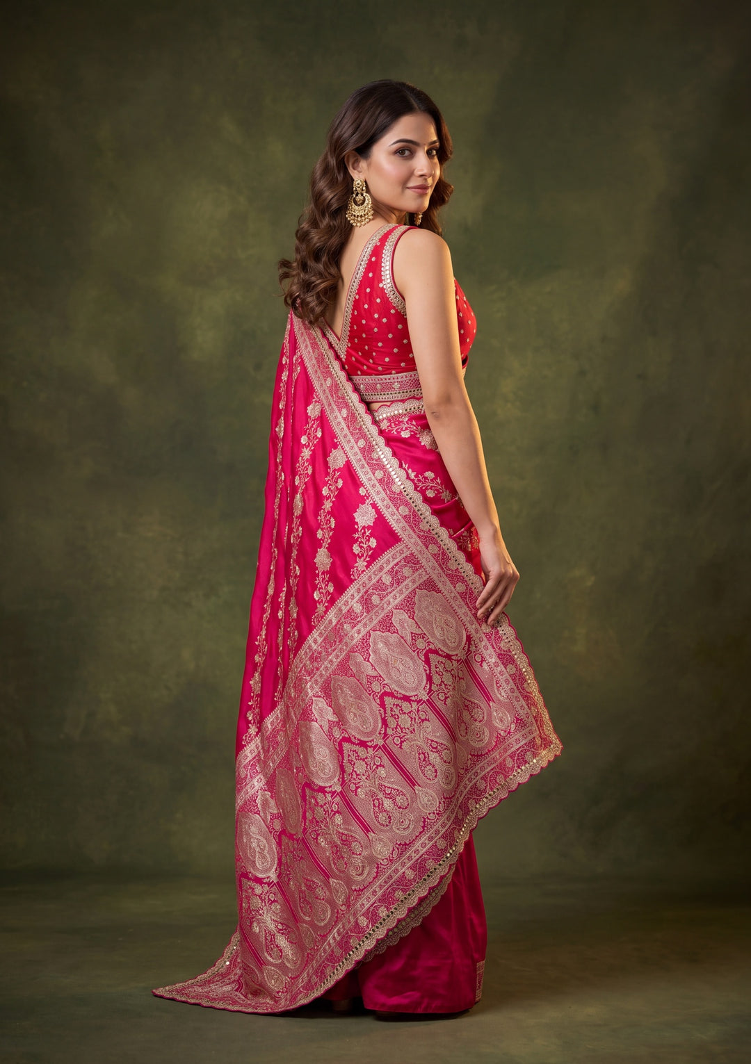 Red Art Silk Jaal Gold Stonework Saree With Matching Blouse Piece