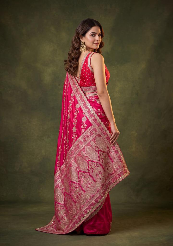 Red Art Silk Jaal Gold Stonework Saree With Matching Blouse Piece