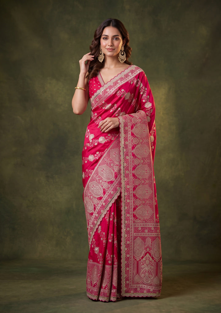 Red Art Silk Jaal Gold Stonework Saree With Matching Blouse Piece