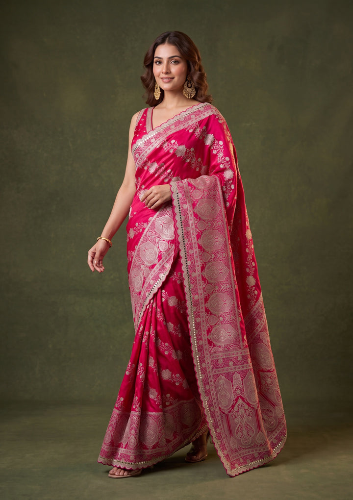 Red Art Silk Jaal Gold Stonework Saree With Matching Blouse Piece