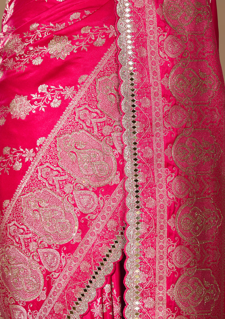 Red Art Silk Jaal Gold Stonework Saree With Matching Blouse Piece