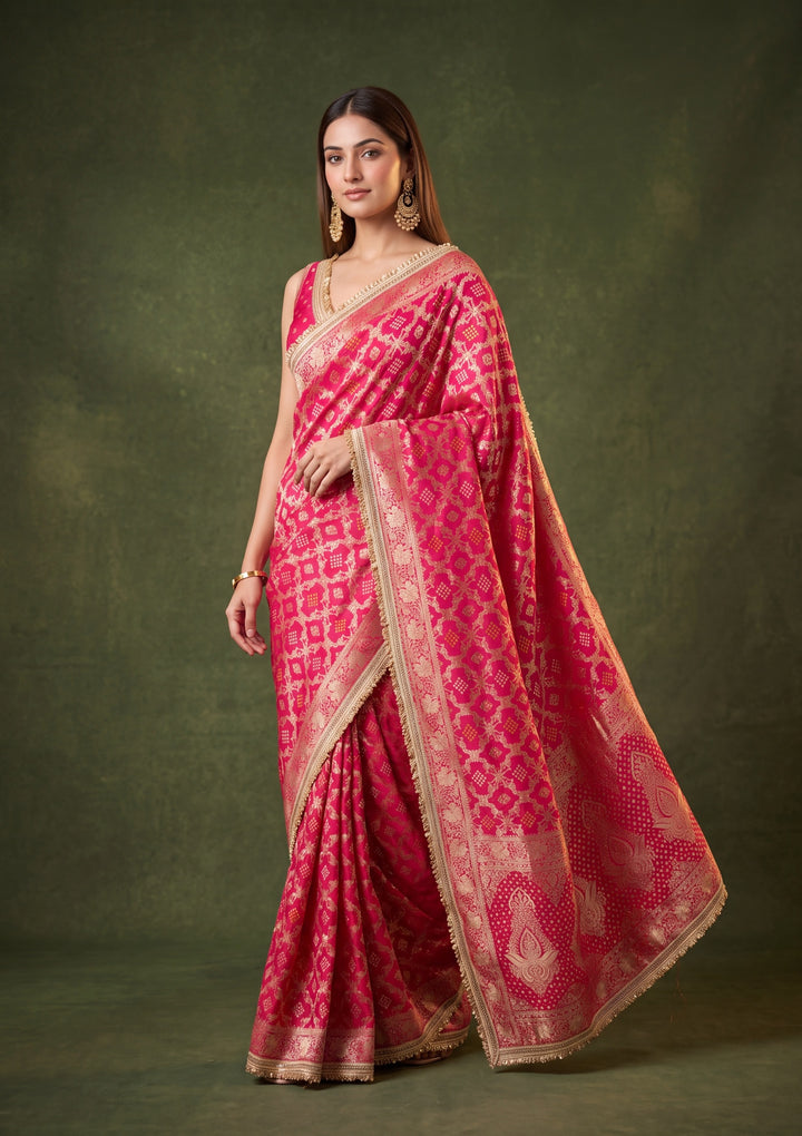 Rani Pink Art Silk Jaal Saree With Matching Blouse Piece