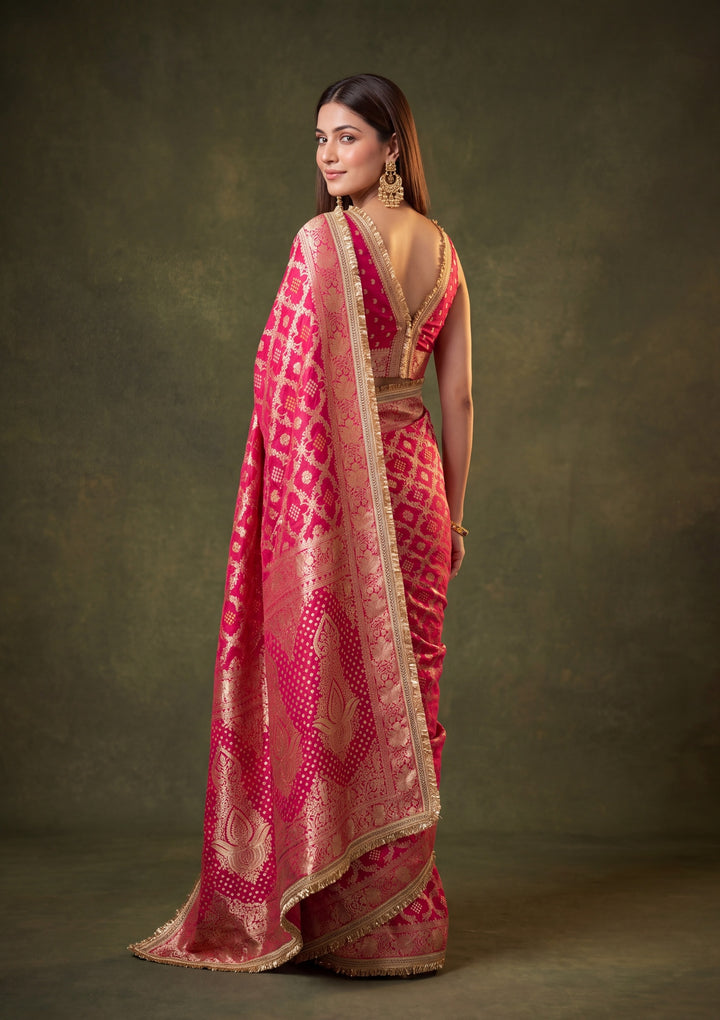 Rani Pink Art Silk Jaal Saree With Matching Blouse Piece