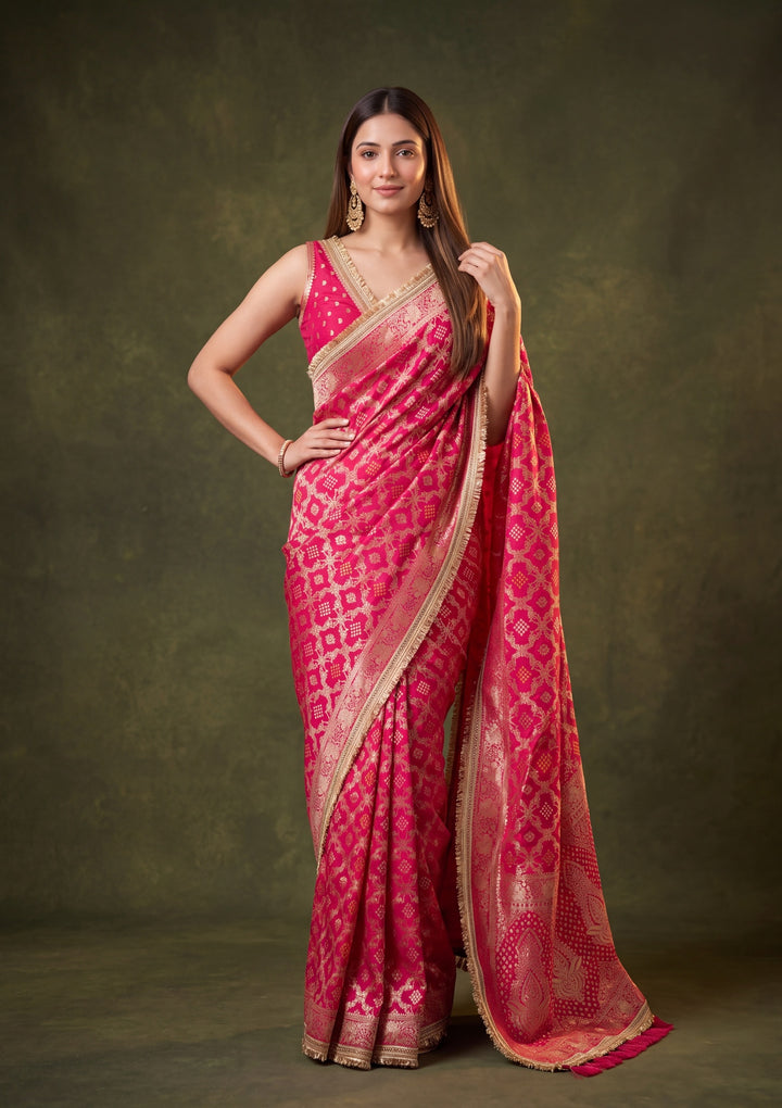 Rani Pink Art Silk Jaal Saree With Matching Blouse Piece