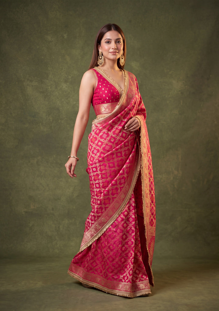 Rani Pink Art Silk Jaal Saree With Matching Blouse Piece