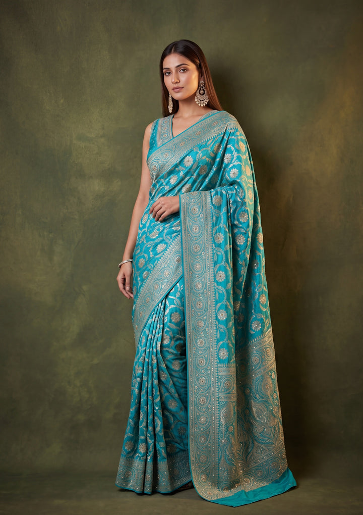 Turquoise Blue Art Silk Jaal Saree With Matching Blouse Piece
