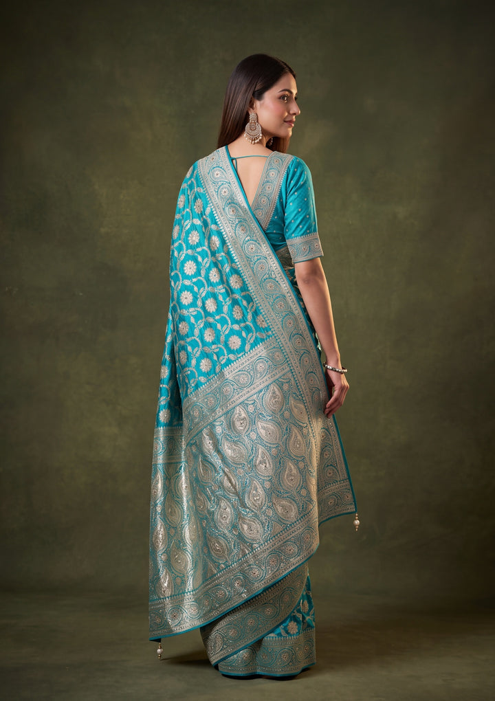 Turquoise Blue Art Silk Jaal Saree With Matching Blouse Piece