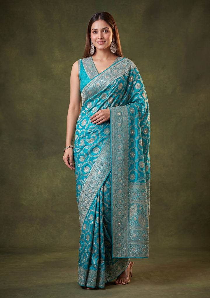 Turquoise Blue Art Silk Jaal Saree With Matching Blouse Piece