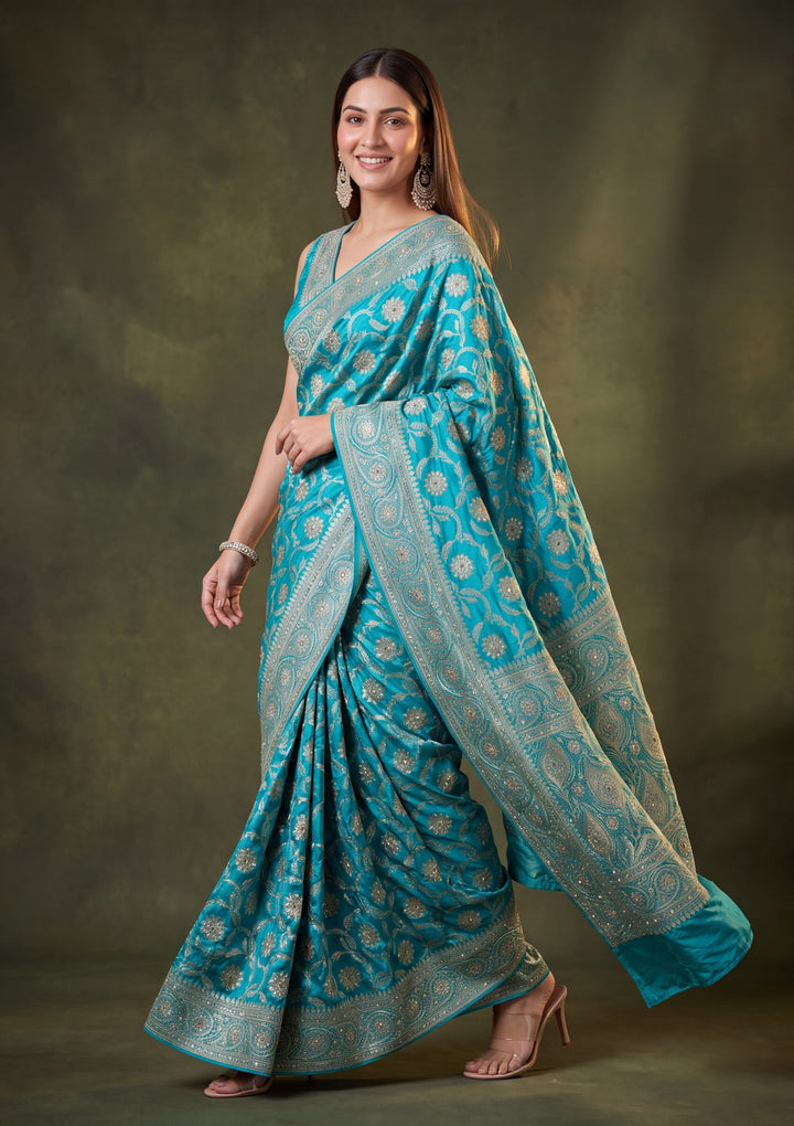 Turquoise Blue Art Silk Jaal Saree With Matching Blouse Piece