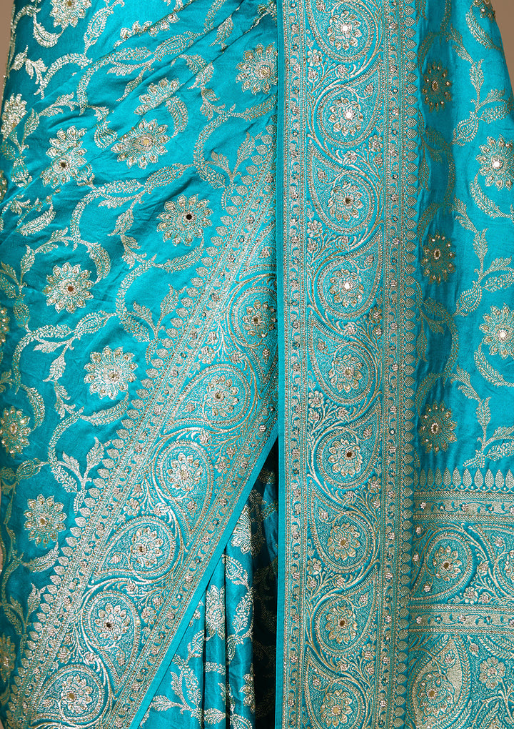 Turquoise Blue Art Silk Jaal Saree With Matching Blouse Piece
