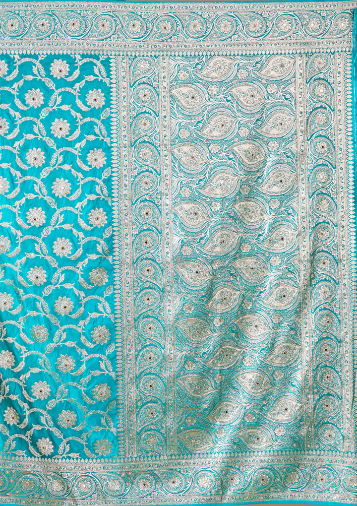 Turquoise Blue Art Silk Jaal Saree With Matching Blouse Piece