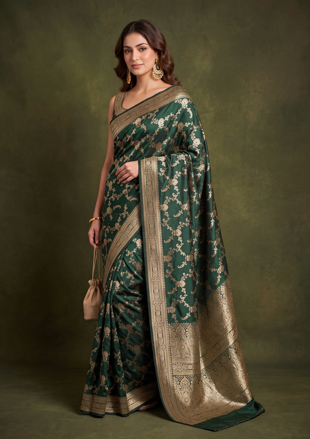 Bottle Green Art Satin Jaal Saree With Matching Blouse Piece