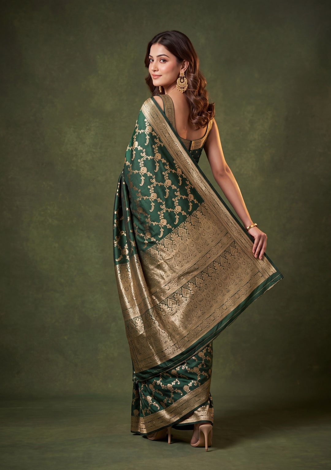 Bottle Green Art Satin Jaal Saree With Matching Blouse Piece