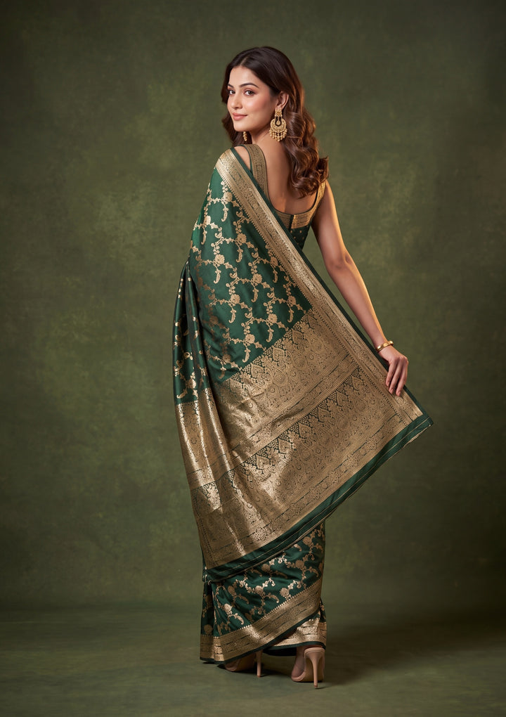 Bottle Green Art Satin Jaal Saree With Matching Blouse Piece