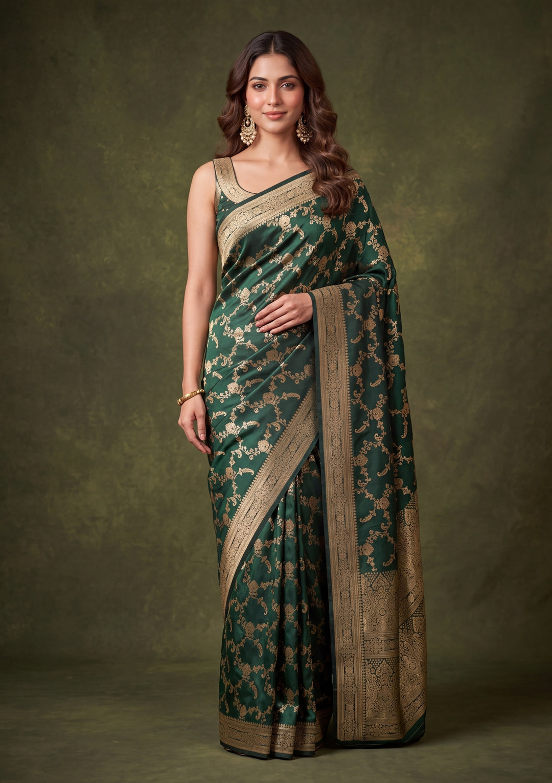 Bottle Green Art Satin Jaal Saree With Matching Blouse Piece