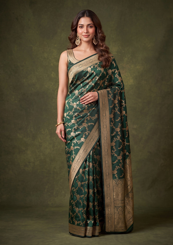 Bottle Green Art Satin Jaal Saree With Matching Blouse Piece