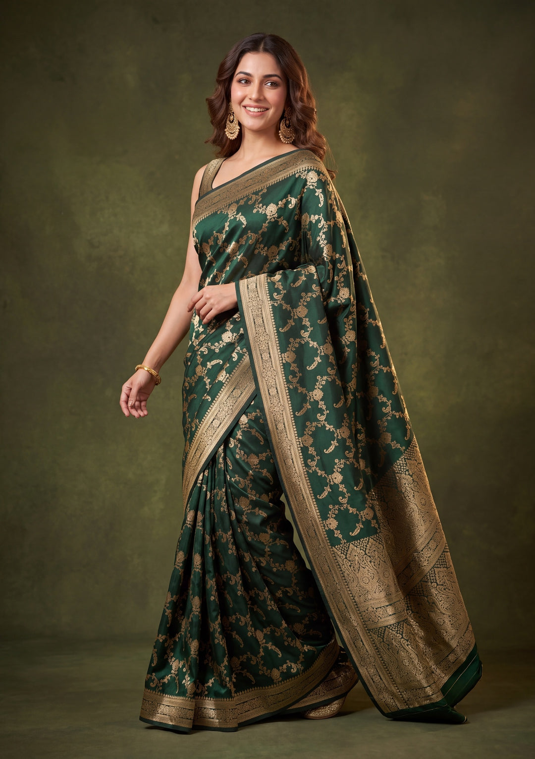 Bottle Green Art Satin Jaal Saree With Matching Blouse Piece