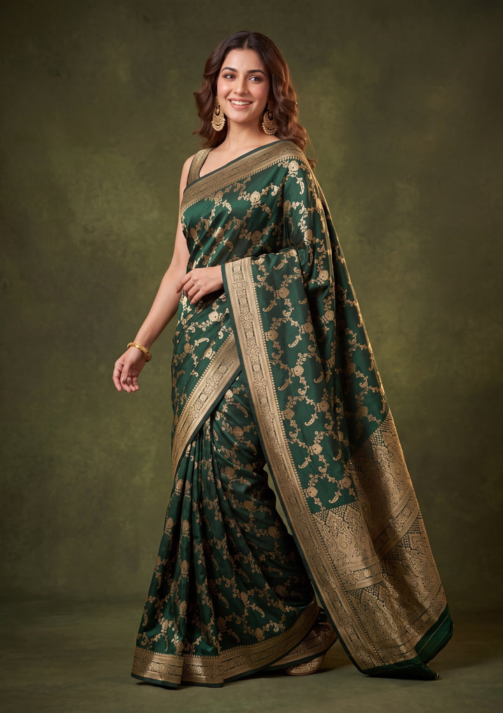 Bottle Green Art Satin Jaal Saree With Matching Blouse Piece