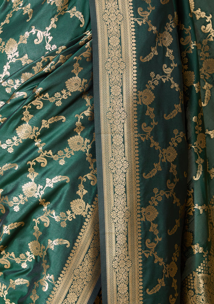 Bottle Green Art Satin Jaal Saree With Matching Blouse Piece