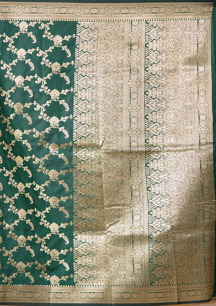 Bottle Green Art Satin Jaal Saree With Matching Blouse Piece