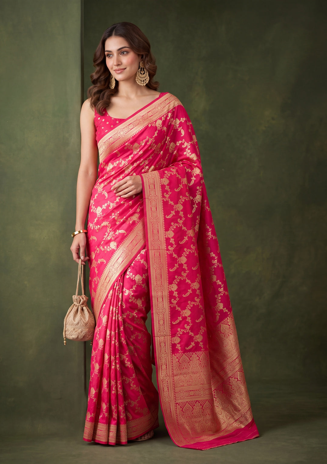 Rani Pink Art Satin Jaal Saree With Matching Blouse Piece