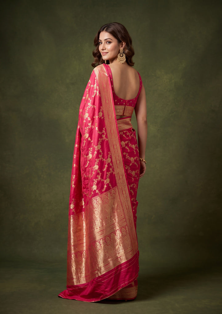 Rani Pink Art Satin Jaal Saree With Matching Blouse Piece