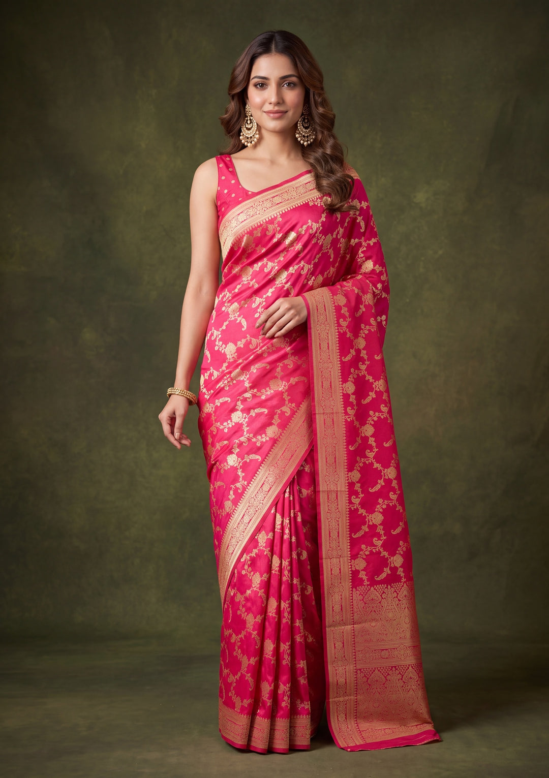Rani Pink Art Satin Jaal Saree With Matching Blouse Piece