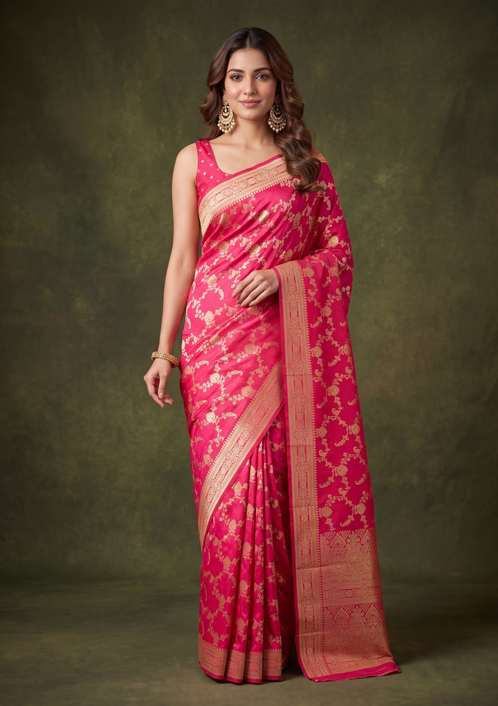 Rani Pink Art Satin Jaal Saree With Matching Blouse Piece