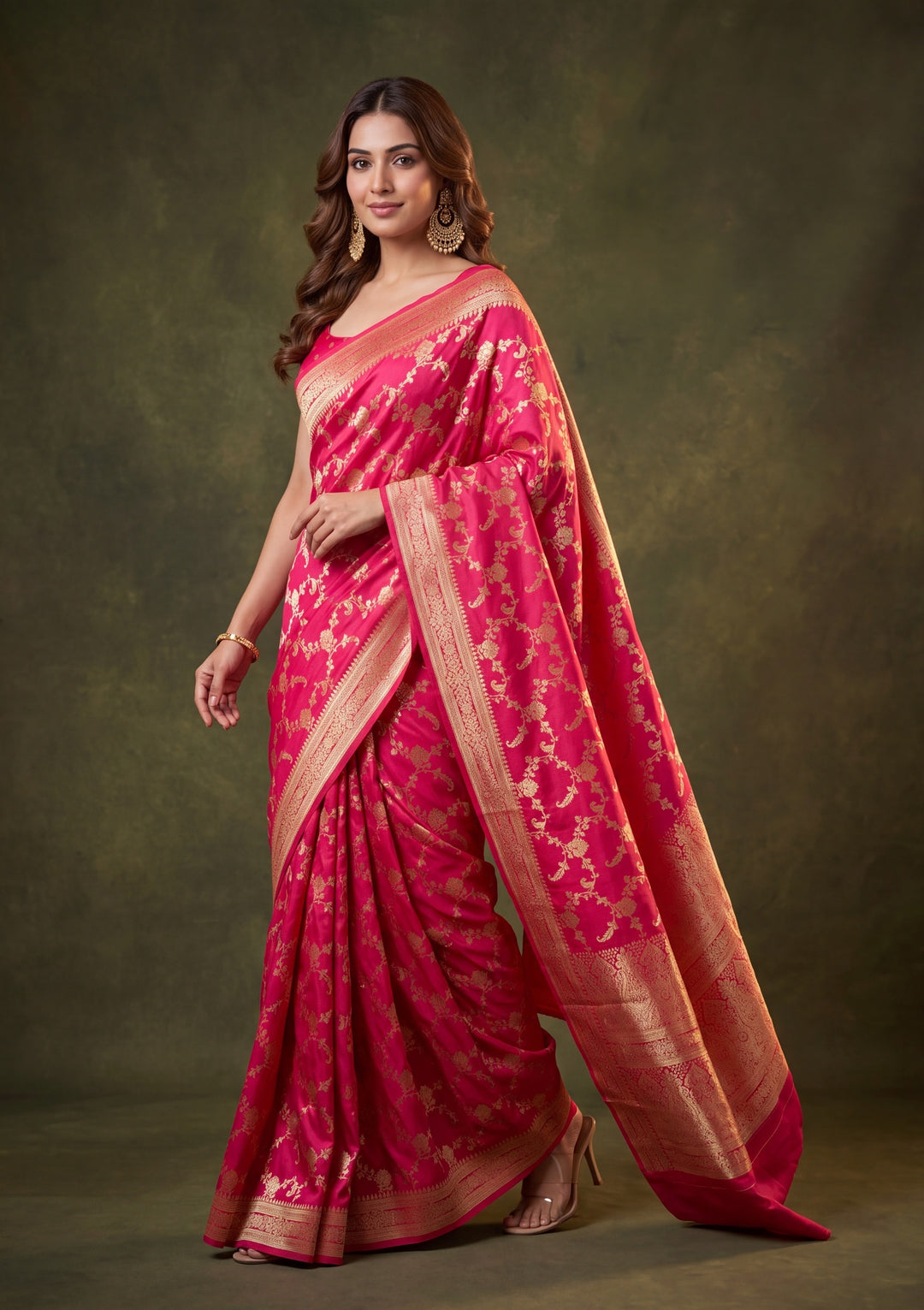 Rani Pink Art Satin Jaal Saree With Matching Blouse Piece