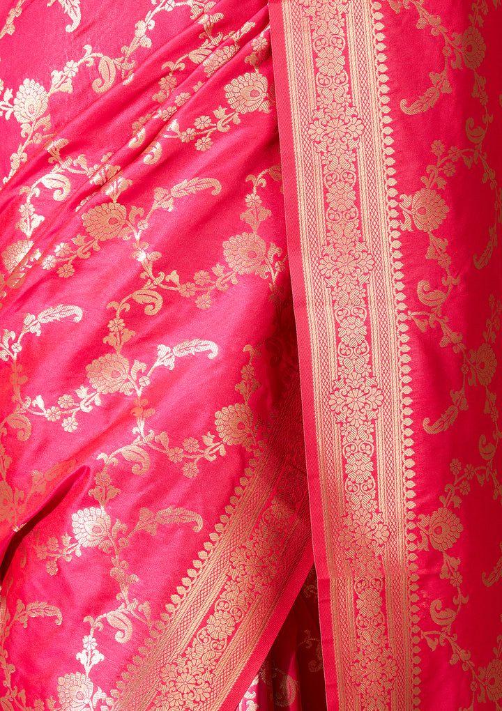 Rani Pink Art Satin Jaal Saree With Matching Blouse Piece