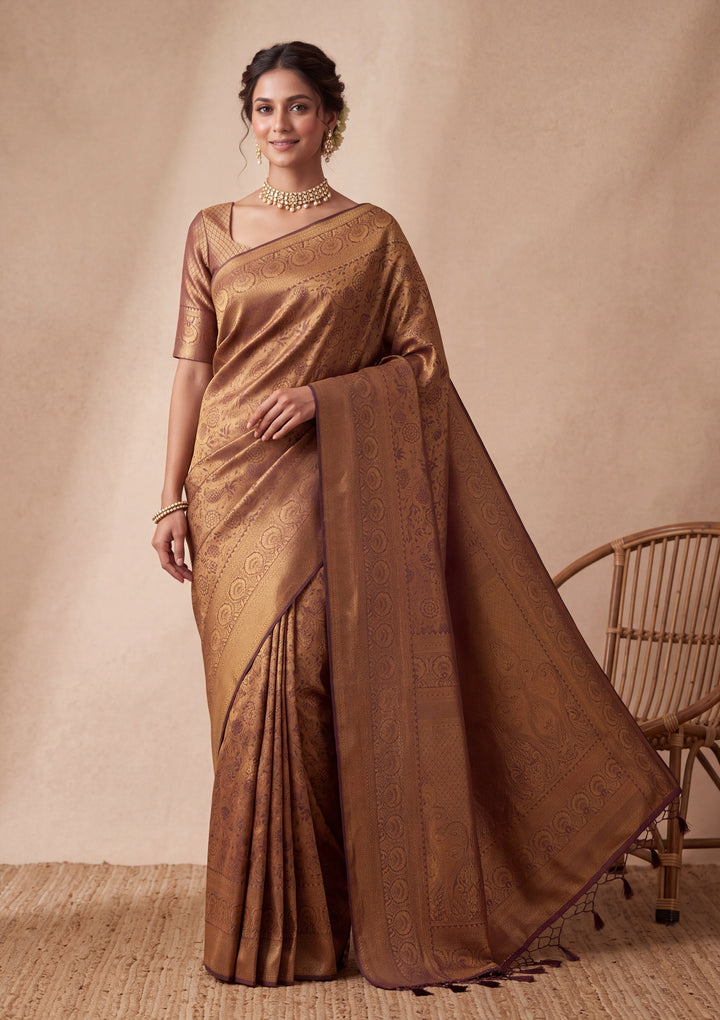 Brown Silk Jaal Saree With Matching Blouse Piece