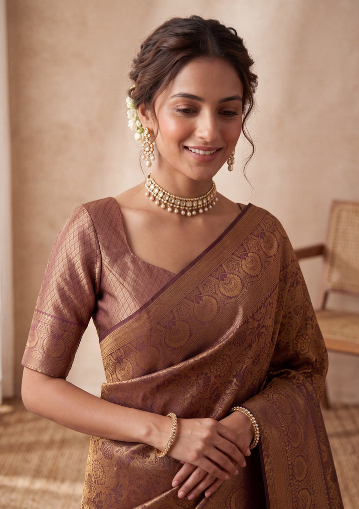 Brown Silk Jaal Saree With Matching Blouse Piece