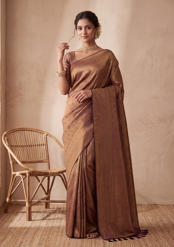 Brown Silk Jaal Saree With Matching Blouse Piece