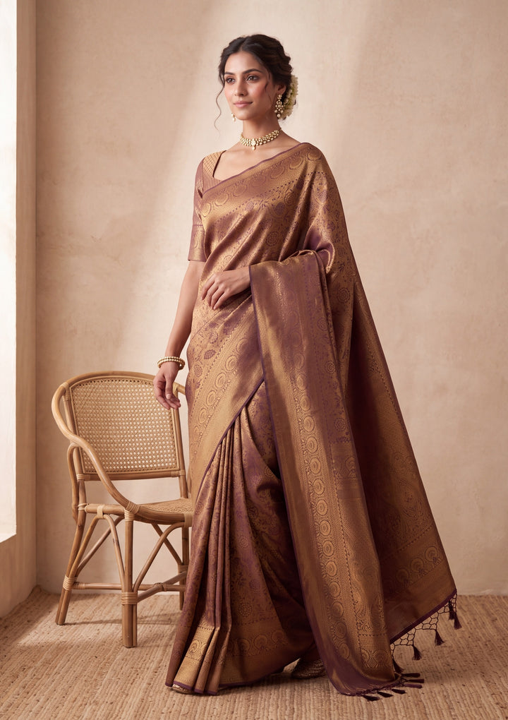 Brown Silk Jaal Saree With Matching Blouse Piece