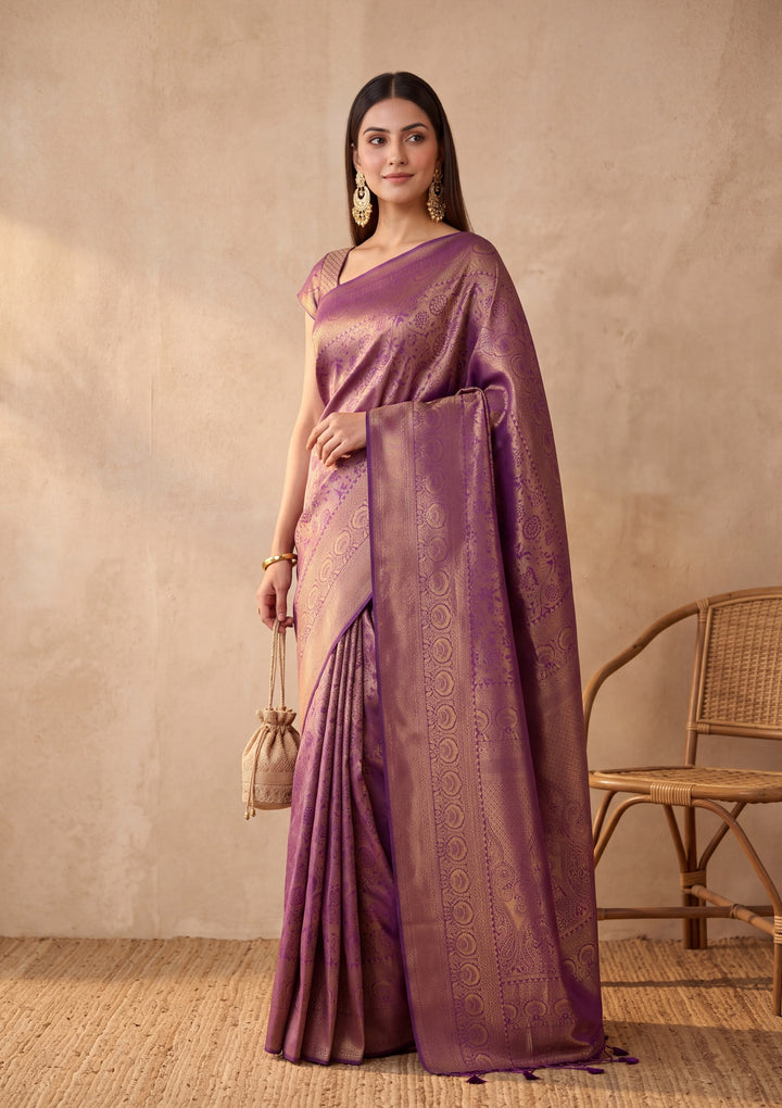 Purple Silk Jaal Saree With Matching Blouse Piece