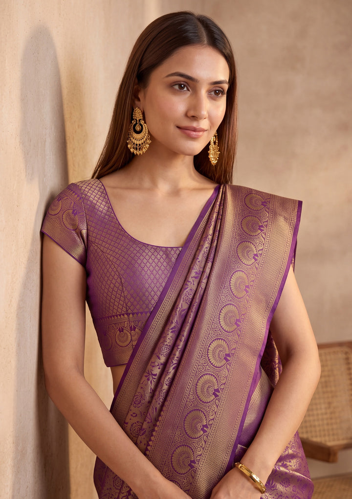 Purple Silk Jaal Saree With Matching Blouse Piece