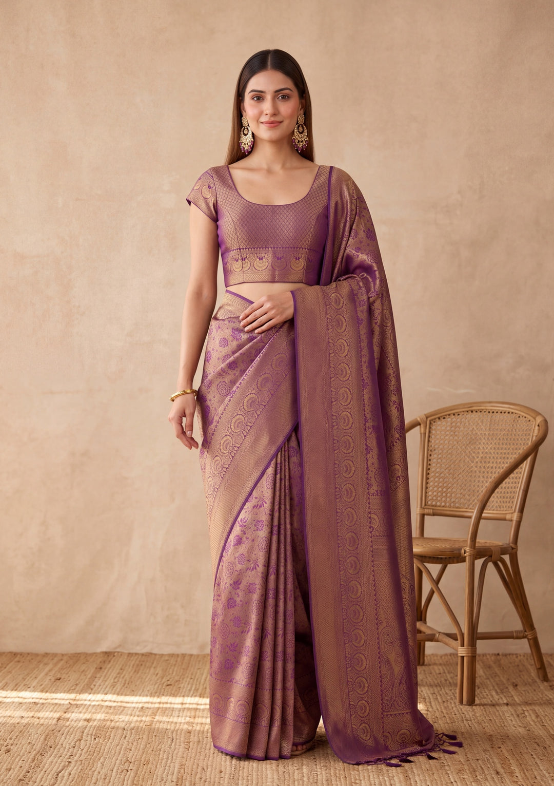 Purple Silk Jaal Saree With Matching Blouse Piece