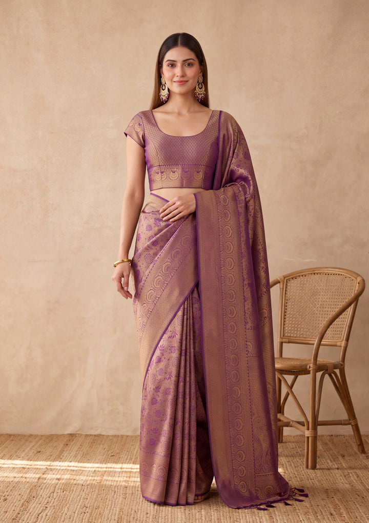 Purple Silk Jaal Saree With Matching Blouse Piece