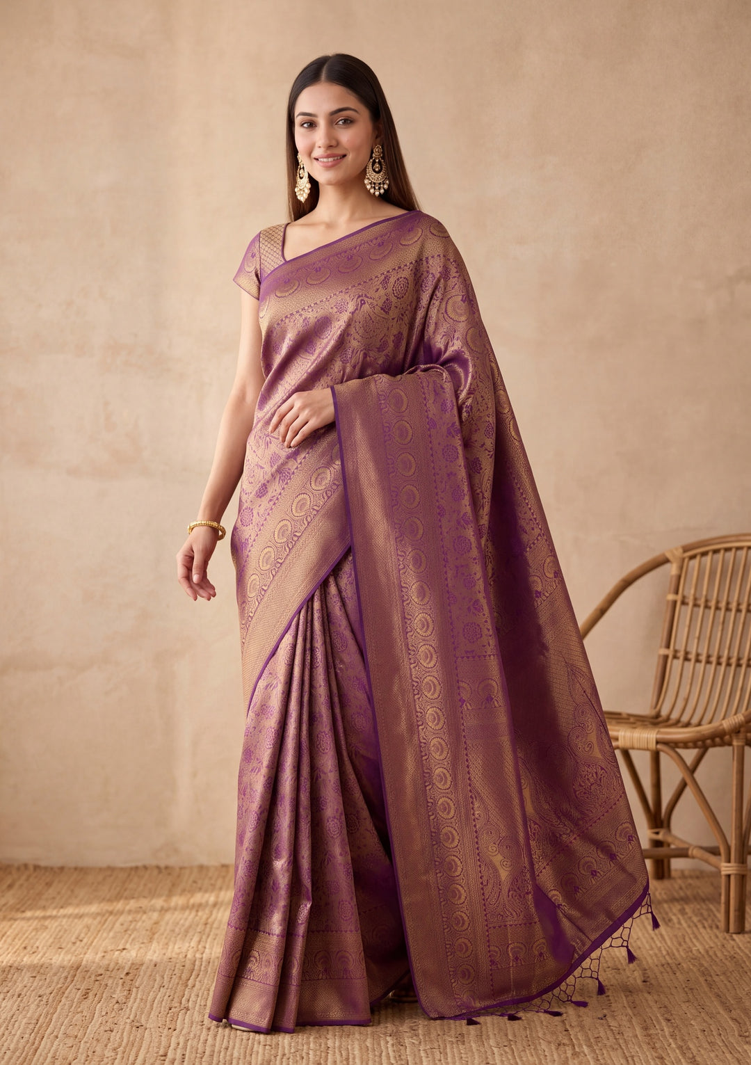 Purple Silk Jaal Saree With Matching Blouse Piece