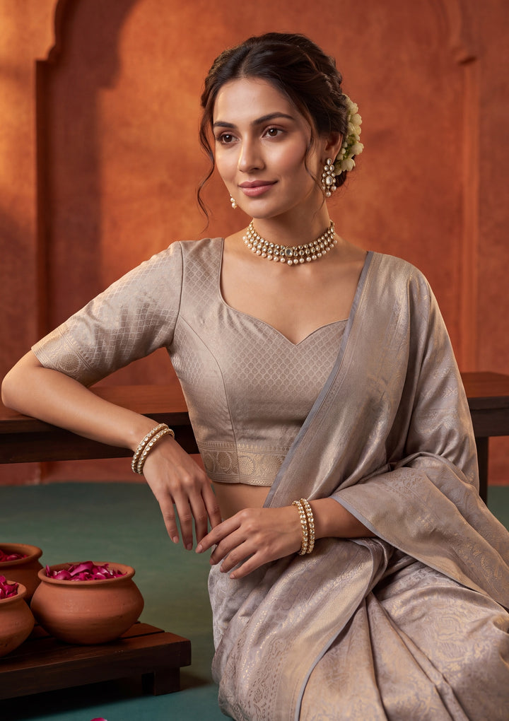 Light Grey Silk Jaal Saree With Matching Blouse Piece