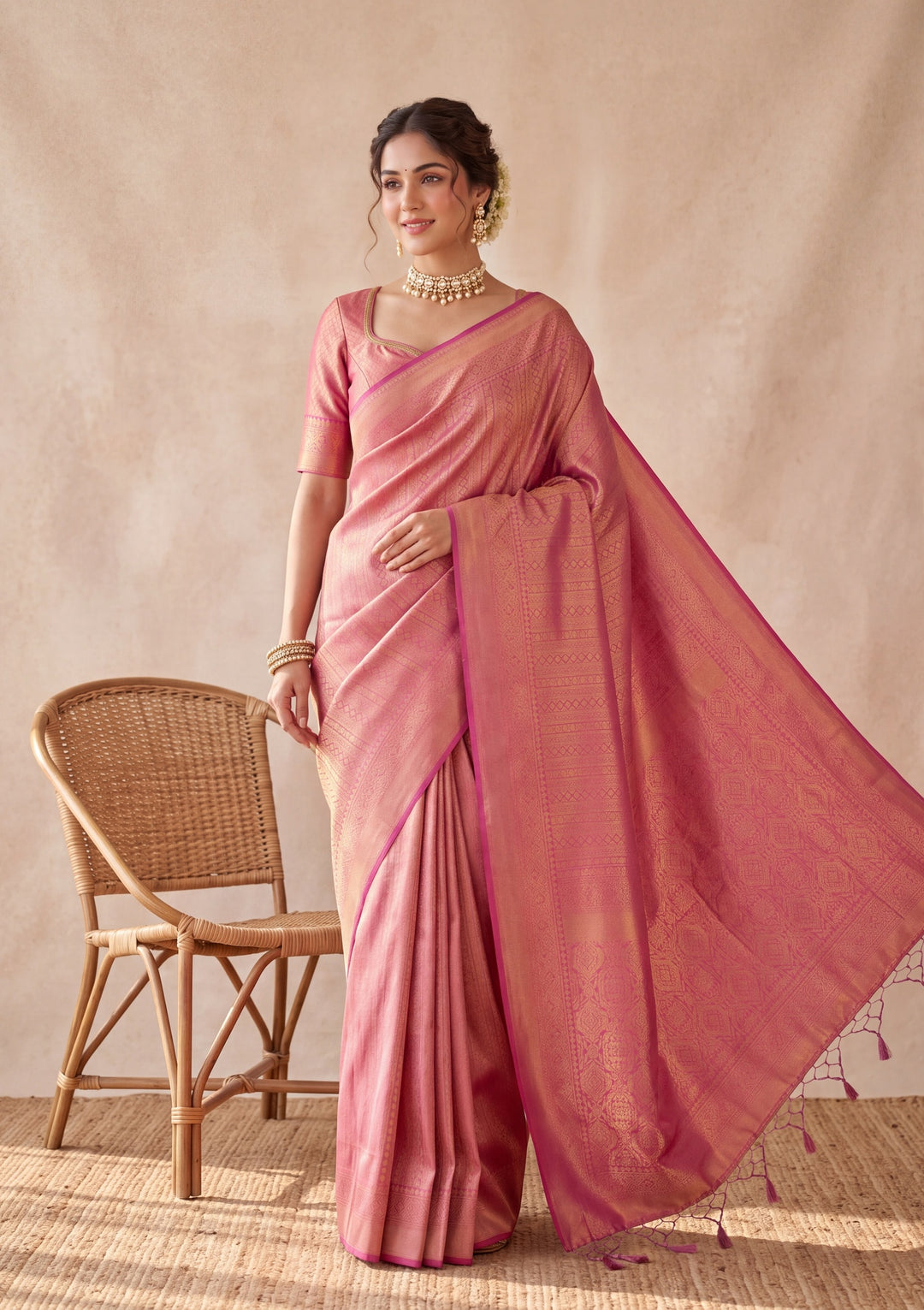 Onion Pink Silk Jaal Saree With Matching Blouse Piece