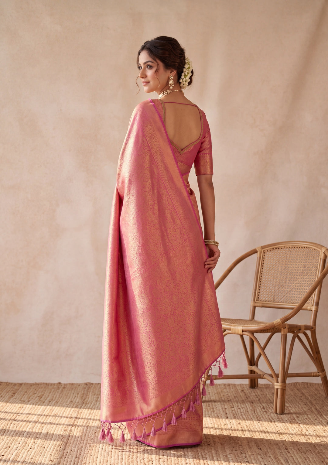 Onion Pink Silk Jaal Saree With Matching Blouse Piece