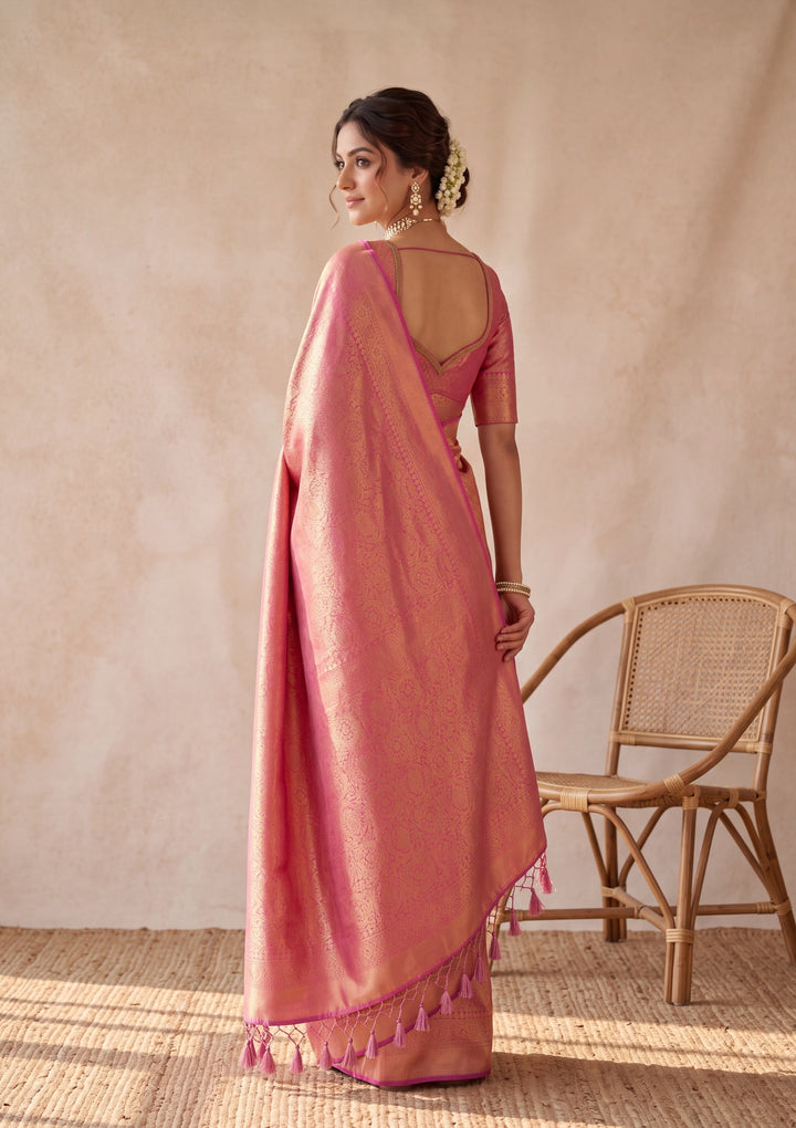 Onion Pink Silk Jaal Saree With Matching Blouse Piece