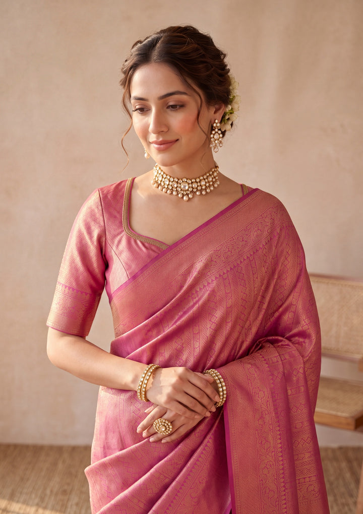 Onion Pink Silk Jaal Saree With Matching Blouse Piece
