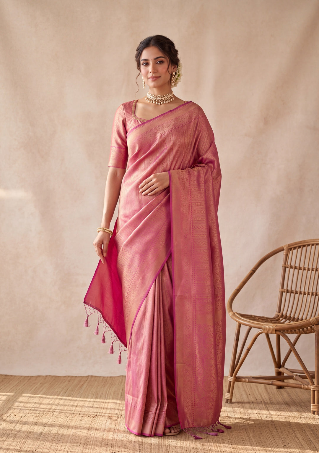 Onion Pink Silk Jaal Saree With Matching Blouse Piece