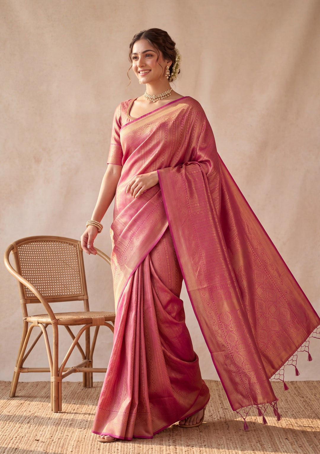 Onion Pink Silk Jaal Saree With Matching Blouse Piece
