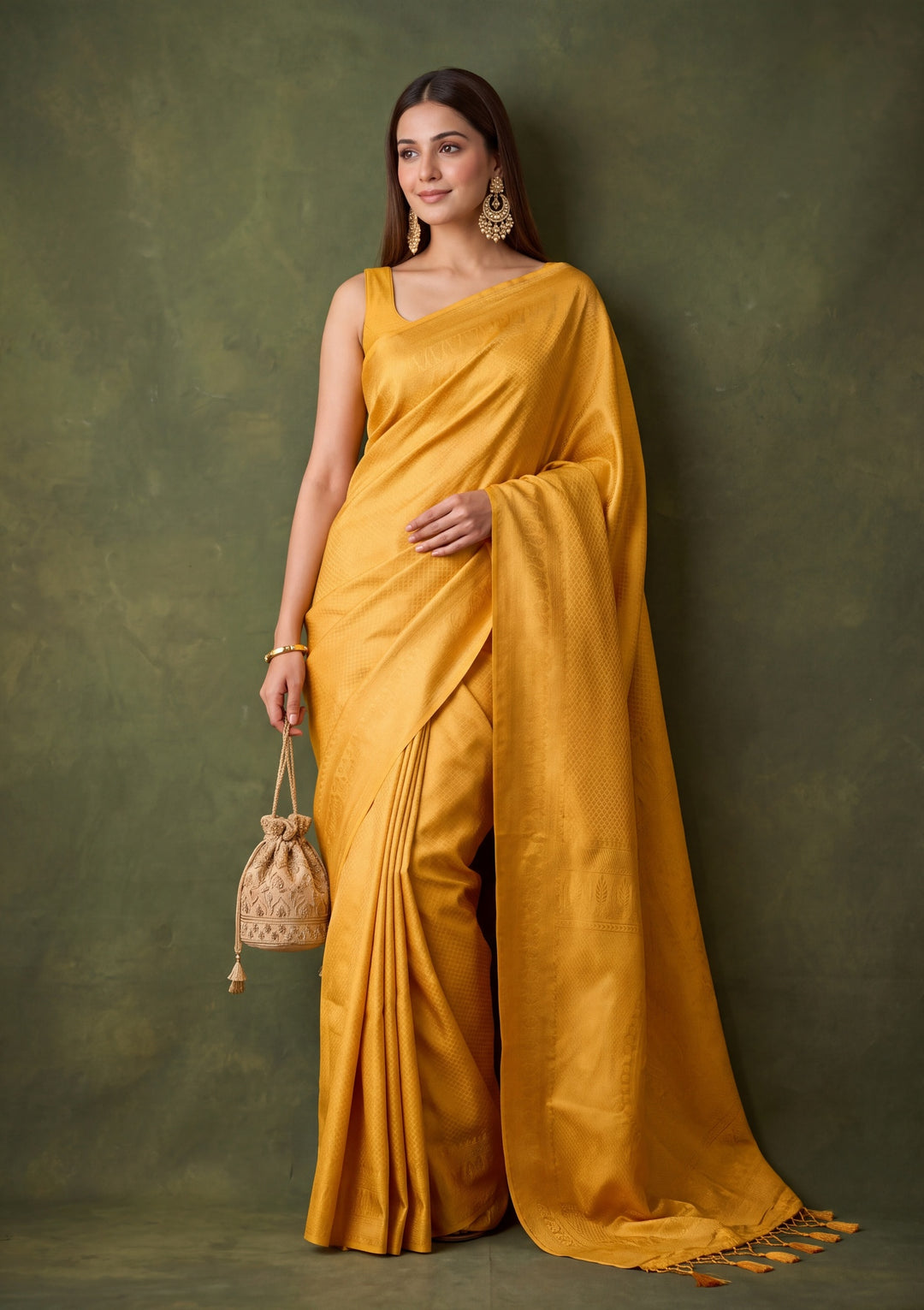 Mustard Yellow Art Silk Jaal Saree With Matching Blouse Piece